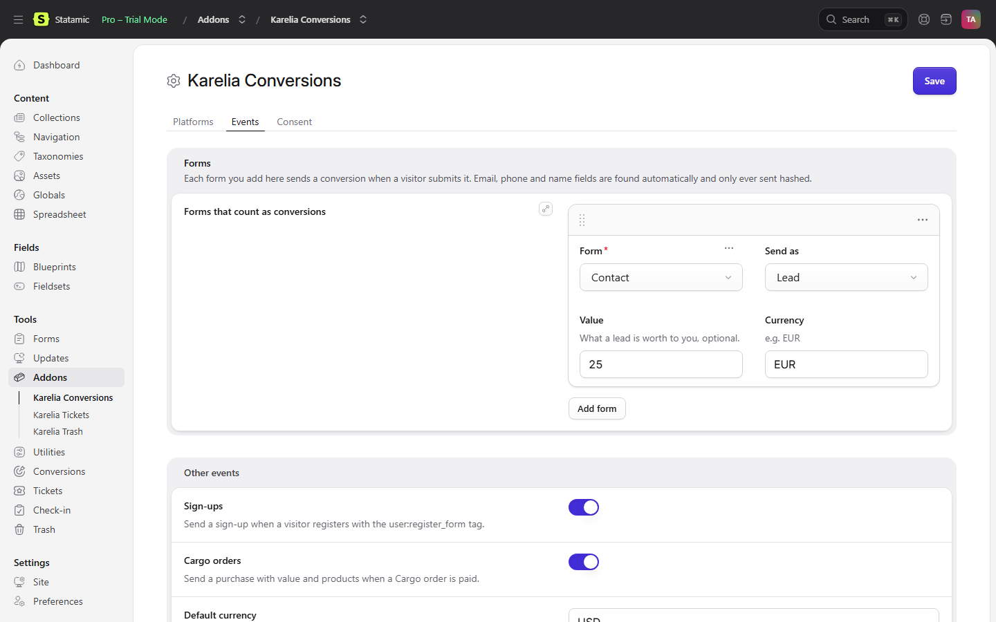 The Events settings: the Contact form sends a Lead worth 25 EUR, and switches for sign-ups and Cargo orders.
