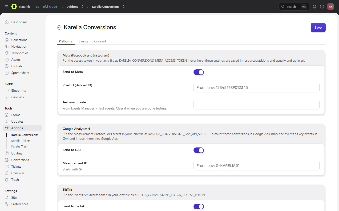 The Platforms settings with switches for Meta, Google Analytics 4 and TikTok, the Pixel ID and Measurement ID read from the .env file, and a field for a test event code.