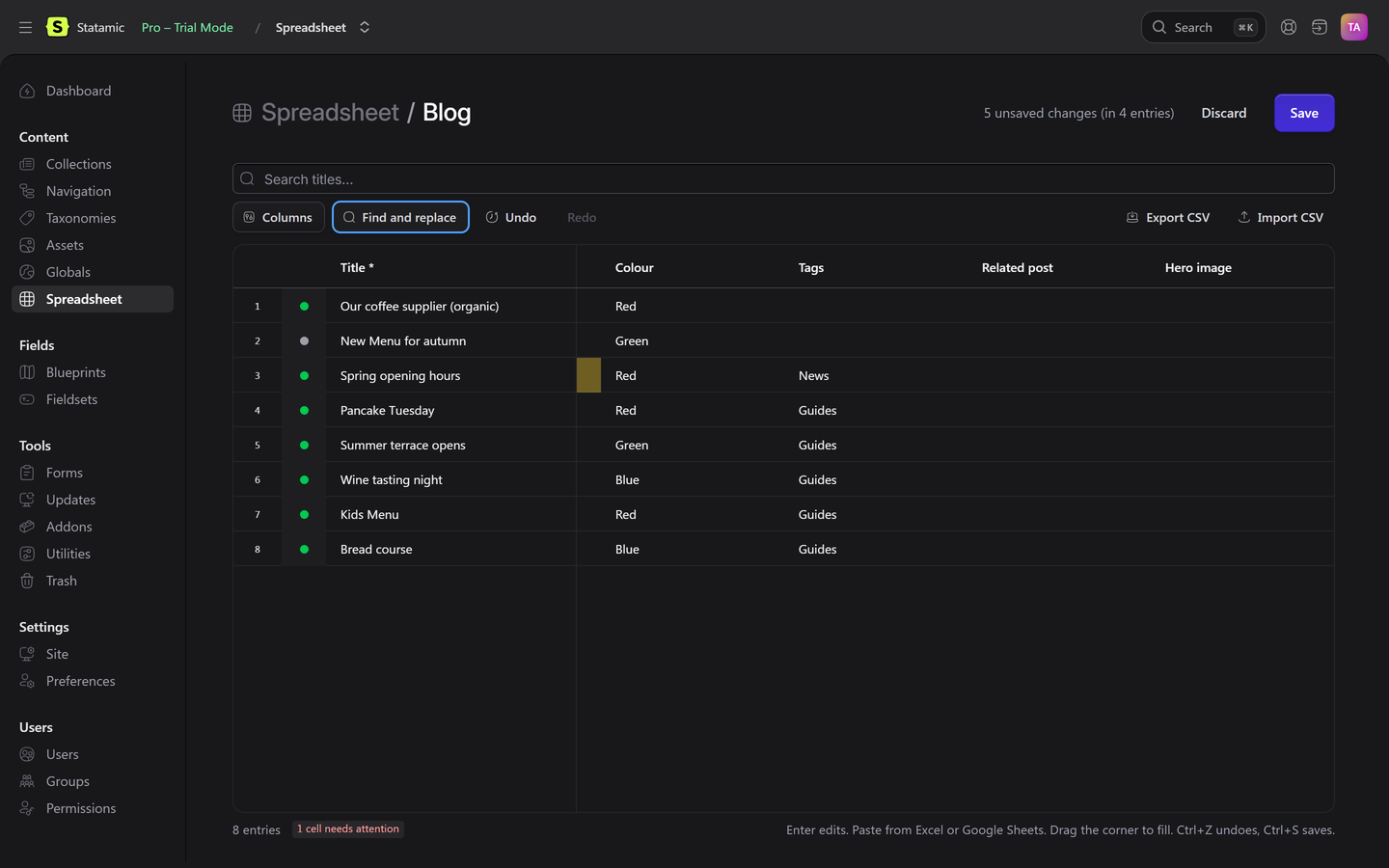 The spreadsheet in the dark Control Panel theme, scrolled to the colour, tags, related post and hero image columns.