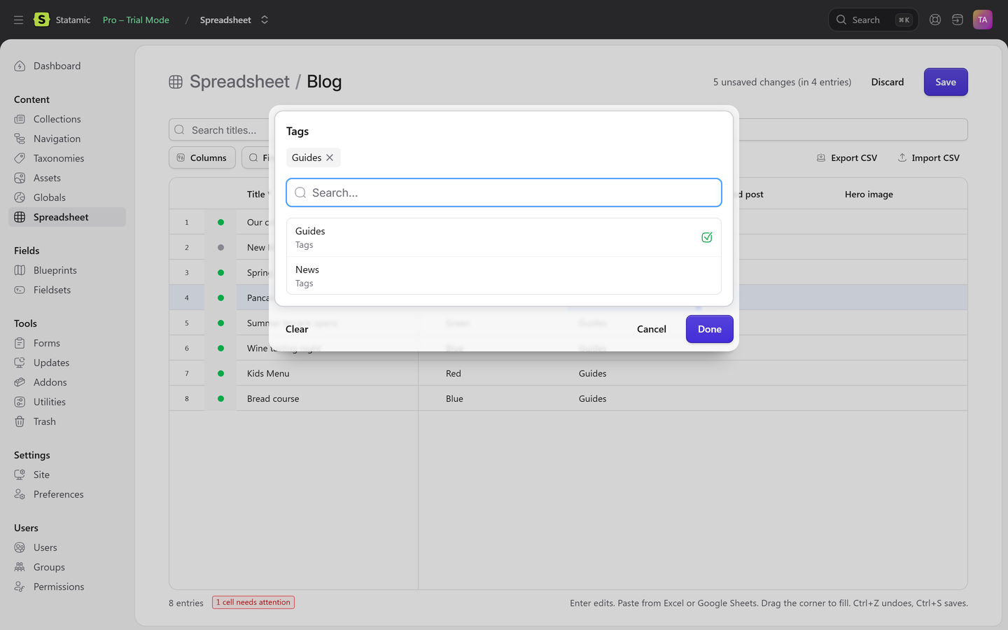 A tag picker opened on a cell, with a search field and the tags Guides and News.
