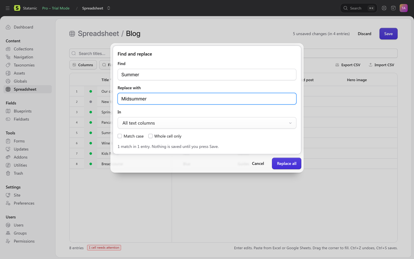 The Find and replace dialog replacing Summer with Midsummer in all text columns, showing 1 match in 1 entry.