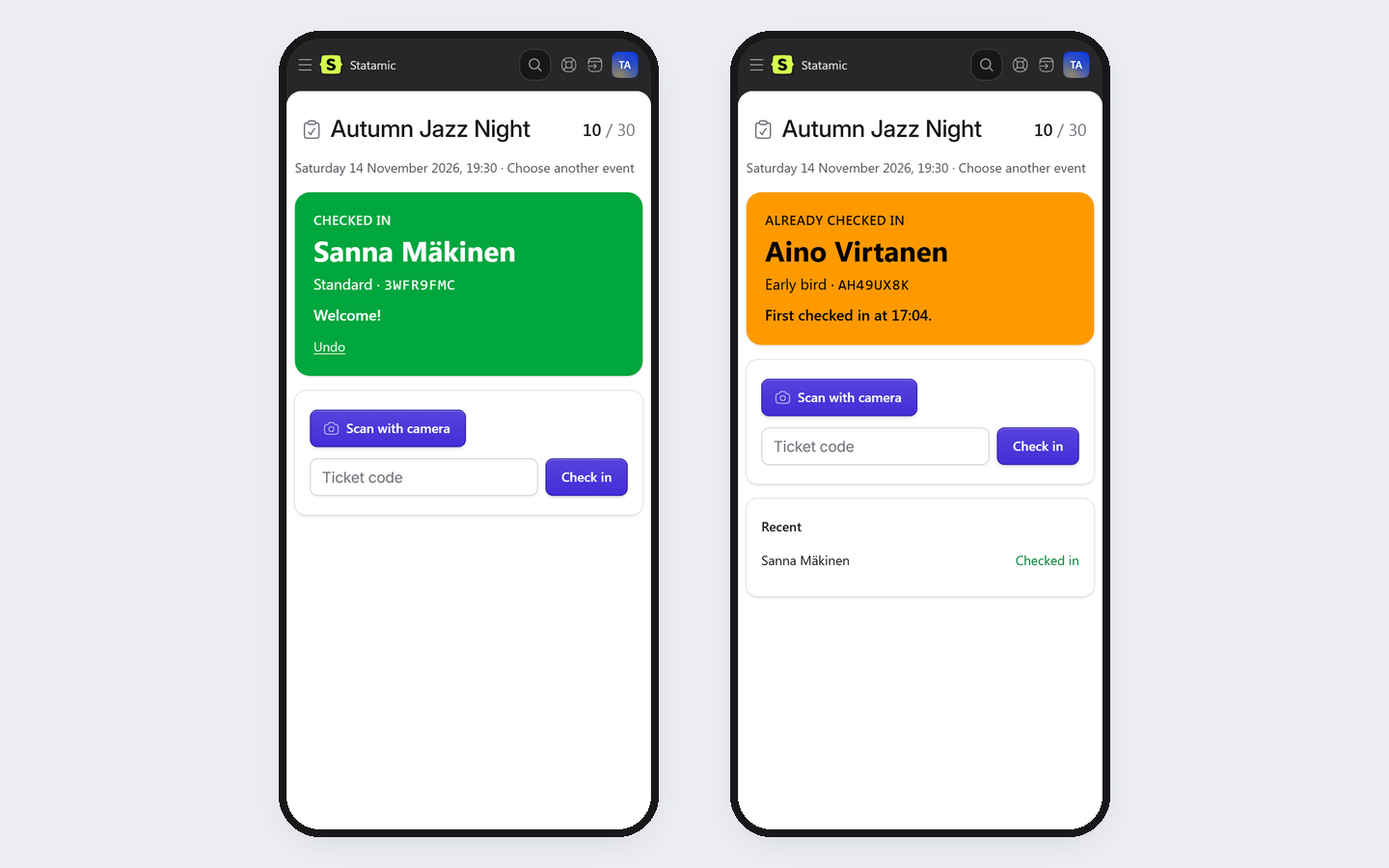 Two phones showing the check-in page: one green card reading Checked in, Sanna Mäkinen, Standard, Welcome; one amber card reading Already checked in, First checked in at 17:04. The counter shows 10 of 30.