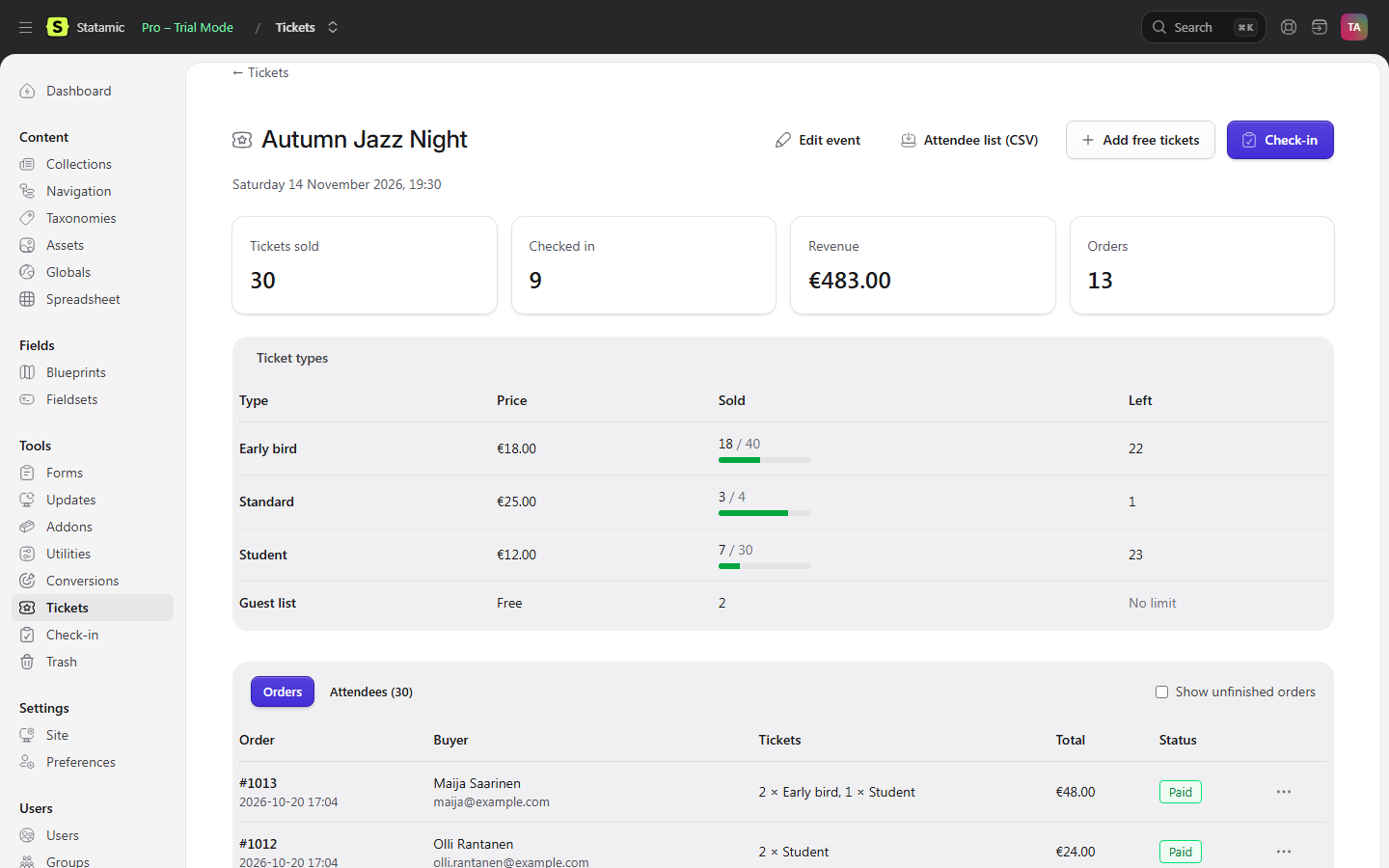 The event page in the Control Panel with 30 tickets sold, 9 checked in, €483.00 revenue and 13 orders, and each ticket type with its price, sold out of available and how many are left.