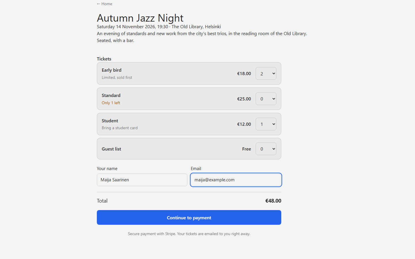 An event page for Autumn Jazz Night with the ticket form: Early bird €18, Standard €25 with only 1 left, Student €12 and a free guest list, the buyer's name and email, a total of €48.00 and the button Continue to payment.
