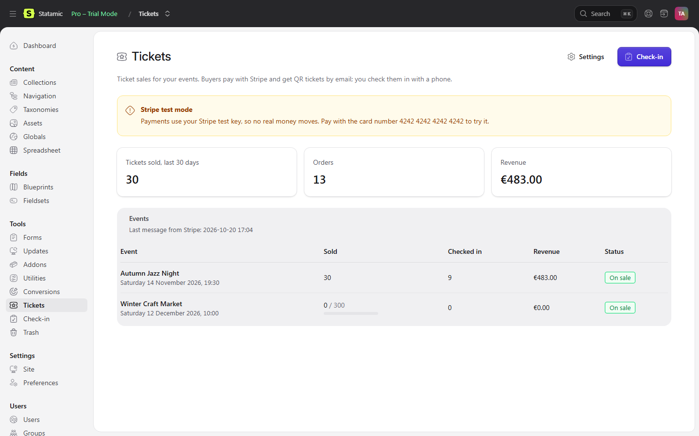 The Tickets overview listing two upcoming events with tickets sold, check-ins, revenue and status On sale, and totals for the last 30 days.