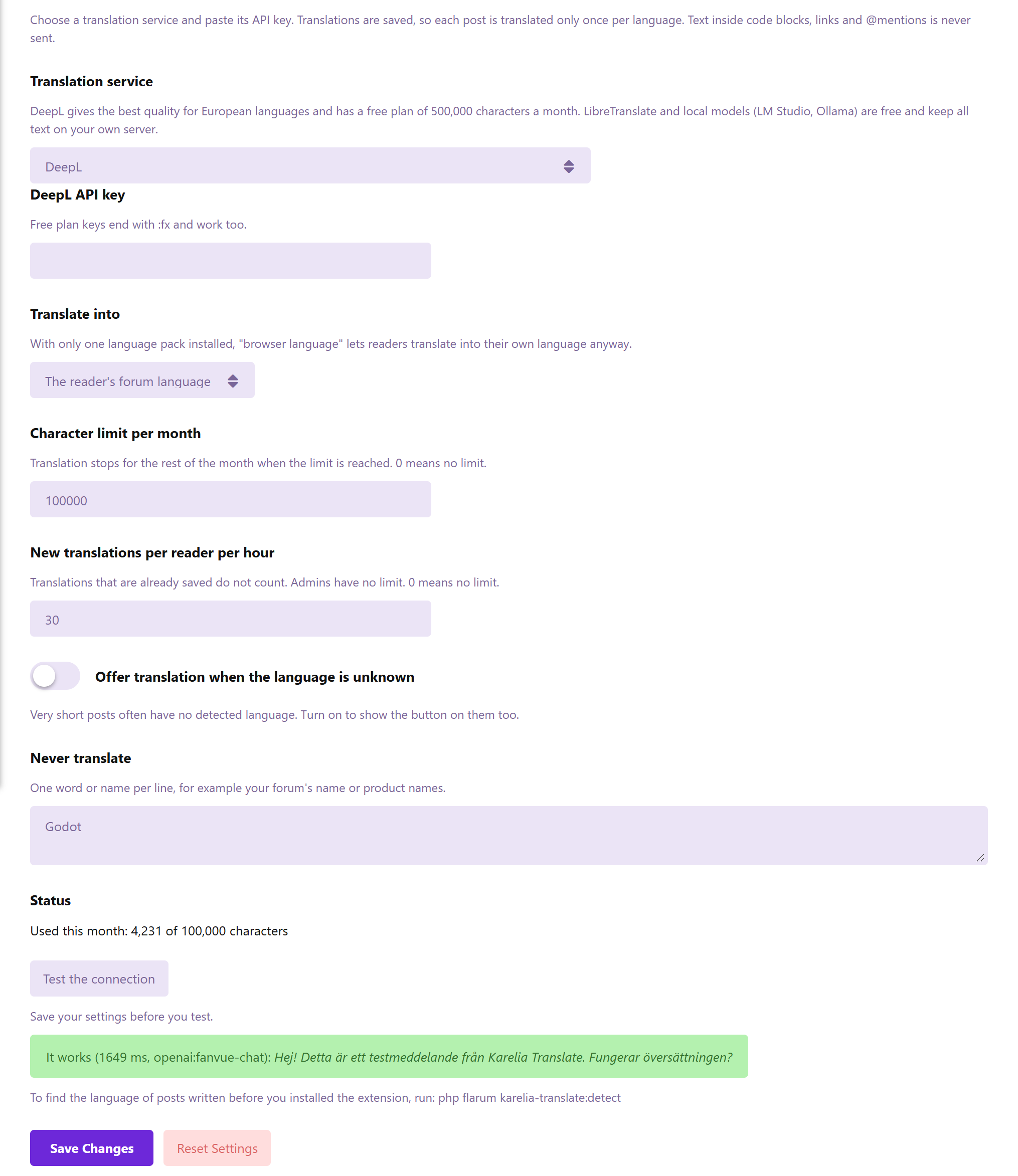 The Karelia Translate settings in the Flarum admin panel, with DeepL selected, the limits, the glossary and the connection test.