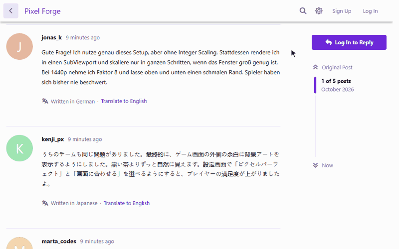 A reader clicks Translate to English under a Portuguese post in Flarum, and the English translation appears under the original.