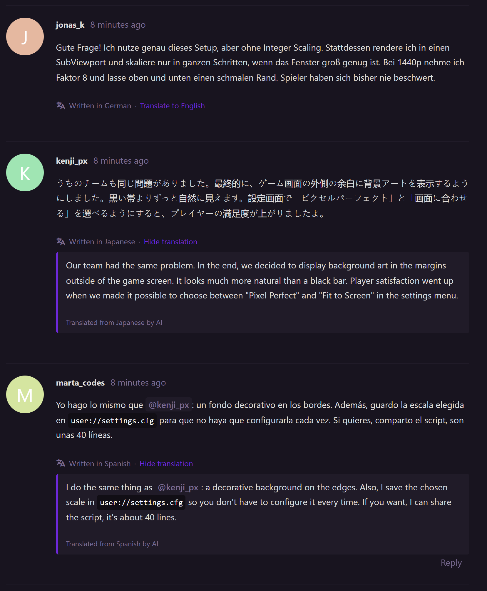 A Flarum discussion with posts in Swedish, Japanese and Portuguese, each with a bar that names its language and a translate link.