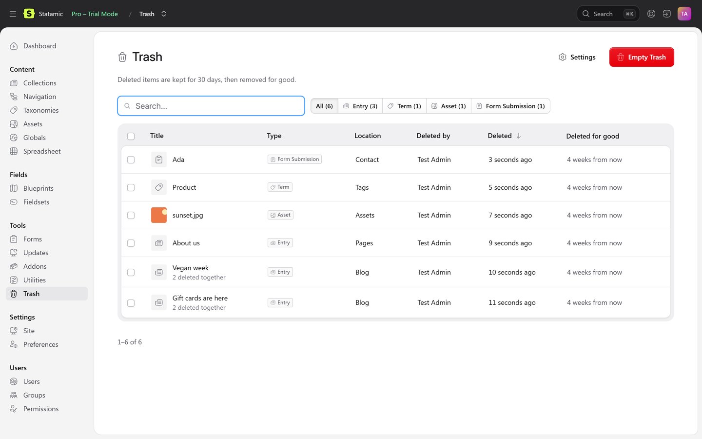 The Trash page in the Statamic Control Panel, listing a deleted form submission, term, image and three entries with their type, location, who deleted them and when.