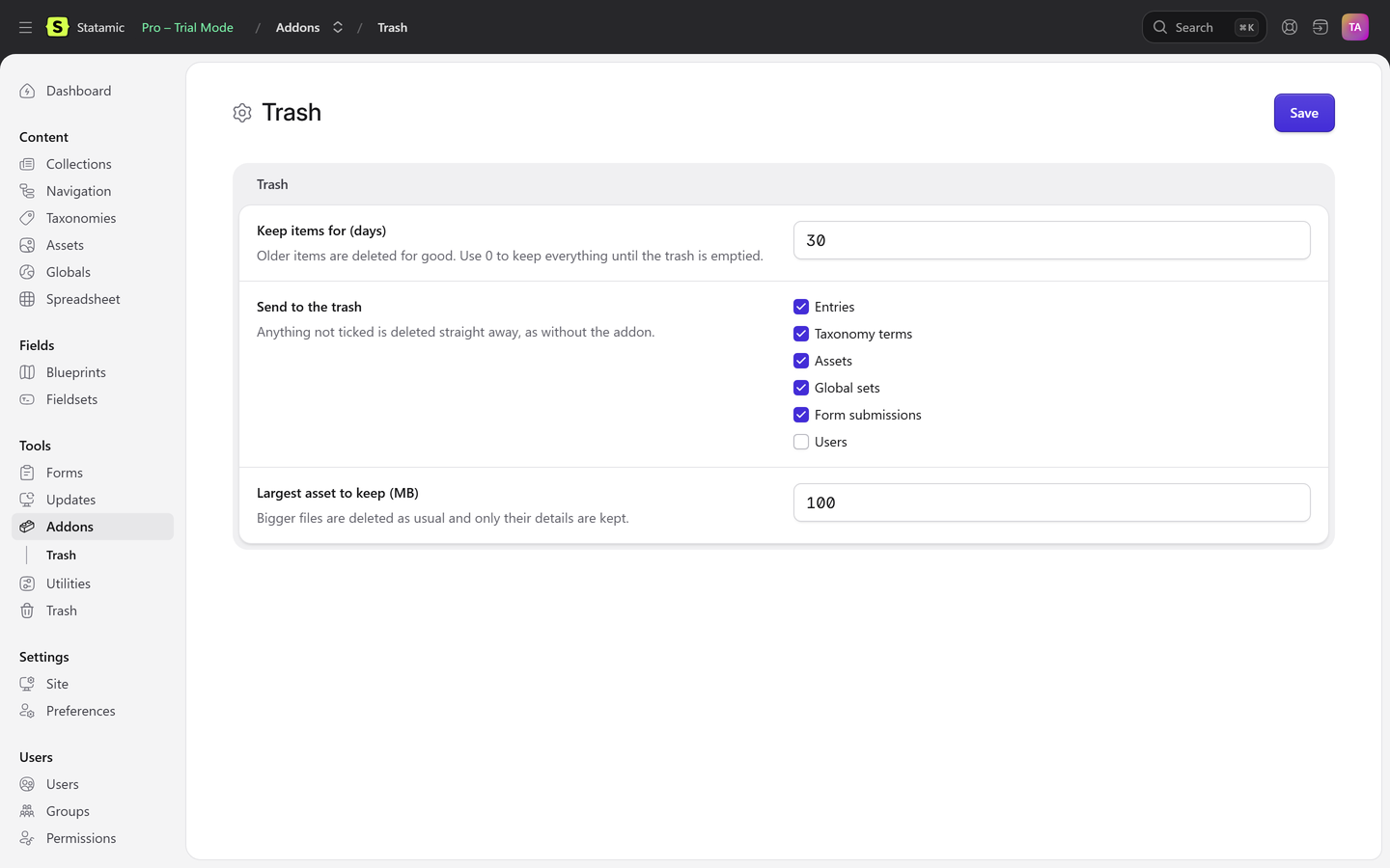 The Trash settings page with the number of days to keep items, check boxes for which types go to the trash, and the largest asset to keep.